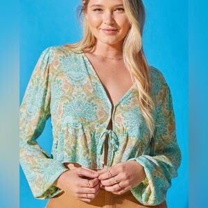 O'Neill Paisley Tie-Front Blouse in Blue and Cream
